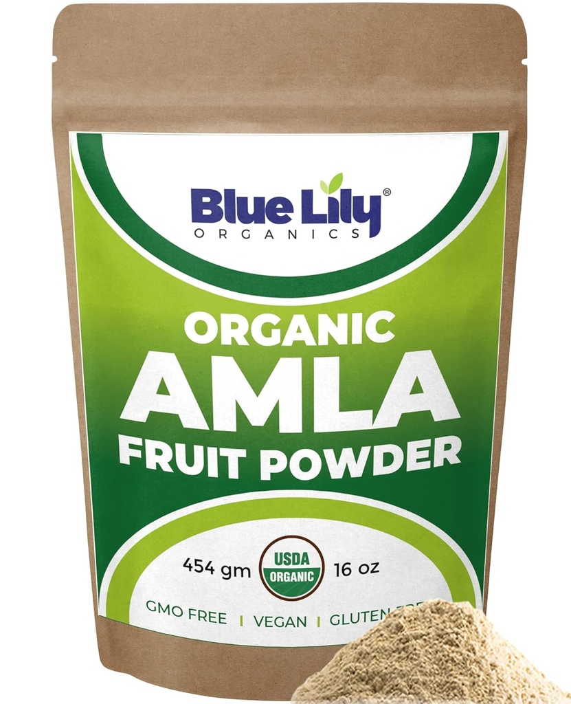 Blue Lily USDA Organic Amla Powder (Amalaki/Indian Gooseberry) 16oz (1lb) Resealable Kraft Bag, 100% Pure Amla Berry Powder, Πλούσια σε Αντιοξειδωτική Βιταμίνη C, Υποστηρίζει Υγιεινό ανοσοποιητικό σύστημα