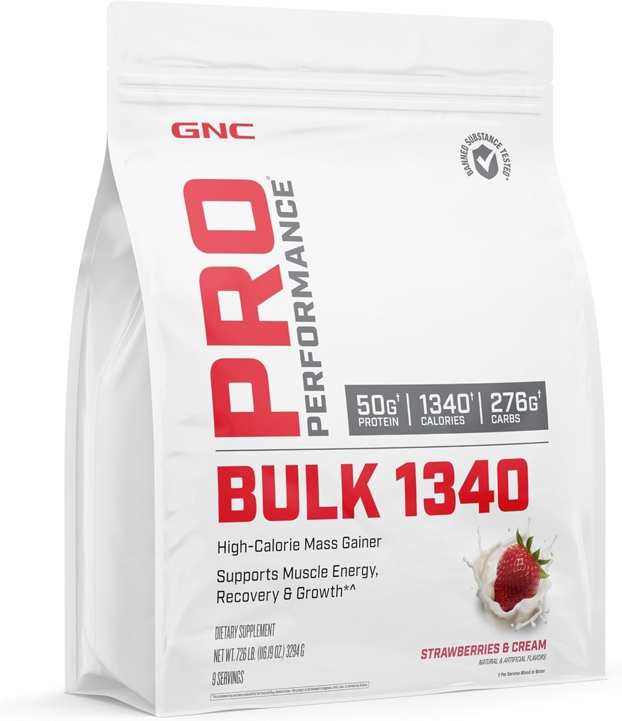GNC Pro Performance Bulk 1340 Mass Gainer Protein Powder, 50g, Gluten Free, Whey, Createine, BCAA, 3ο μέρος δοκιμαστεί, αποκατάσταση μυών & ανάπτυξη, μικροθρεπτικά συστατικά, Φράουλες και κρέμα, 9 εξυπηρετούν