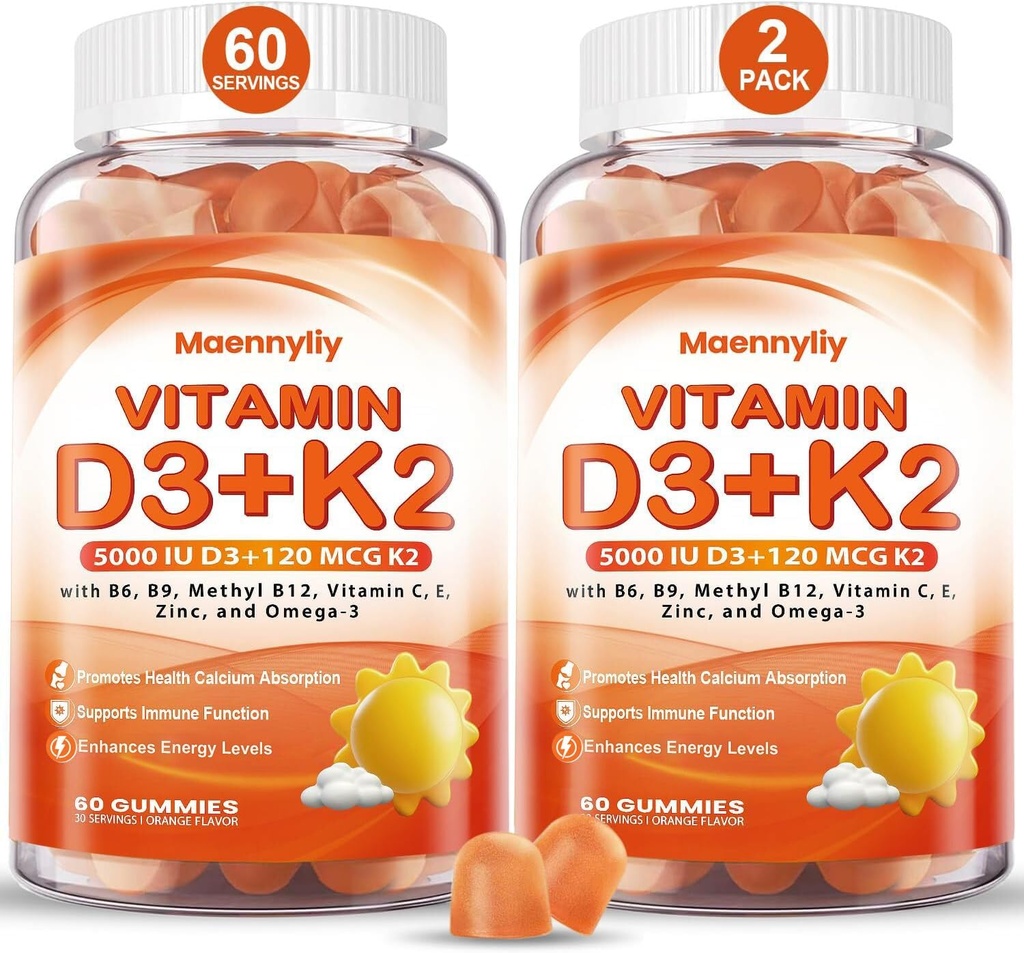 Βιταμίνη D3 K2 Gummies για Ενήλικες - Βιταμίνη D3 5000IU + K2 (MK-7) 120mcg - Χωρίς ζάχαρη D3 και K2 συμπληρώματα με Omega-3, Methyl B12, B9, B6, Βιταμίνες Ε & Ψευδάργυρο - για Ασβέστιο Απορρόφηση & Ανοσοποιητική Υγεία