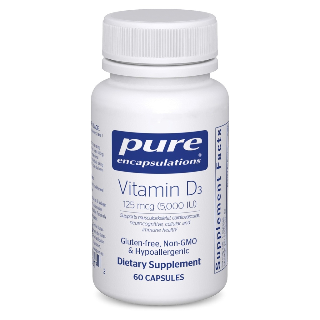 Pure Encapsulations Βιταμίνη D3 125 mcg (5,000 IU) - Συμπλήρωμα Υποστήριξης Οστών, αρθρώσεων, μαστού, καρδιάς, παχέος εντέρου και ανοσοποιητικής υγείας * - με βιταμίνη D - 60 κάψουλες