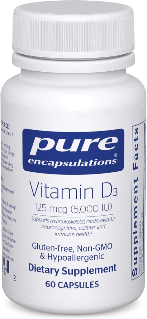 Pure Encapsulations Βιταμίνη D3 125 mcg (5,000 IU) - Συμπλήρωμα Υποστήριξης Οστών, αρθρώσεων, μαστού, καρδιάς, παχέος εντέρου και ανοσοποιητικής υγείας * - με βιταμίνη D - 60 κάψουλες