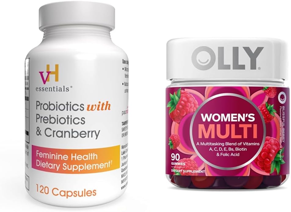 vH απαραίτητα Προβιοτικά με πρεβιοτικά και Cranberry Feminine Συμπλήρωμα Υγείας - 120 κάψουλες και OLLY Πολυβιταμίνη Gummy γυναικών, Berry, 90 Count Bundle