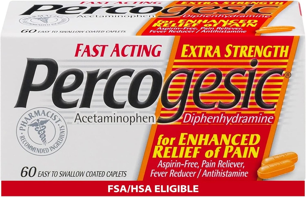 Percogesic Extra Strength Acetaminophen & Diphenhydramine Pain Relief, Fast-Acpirin-Free Fever Reducer & Antihistamine, 60 Count