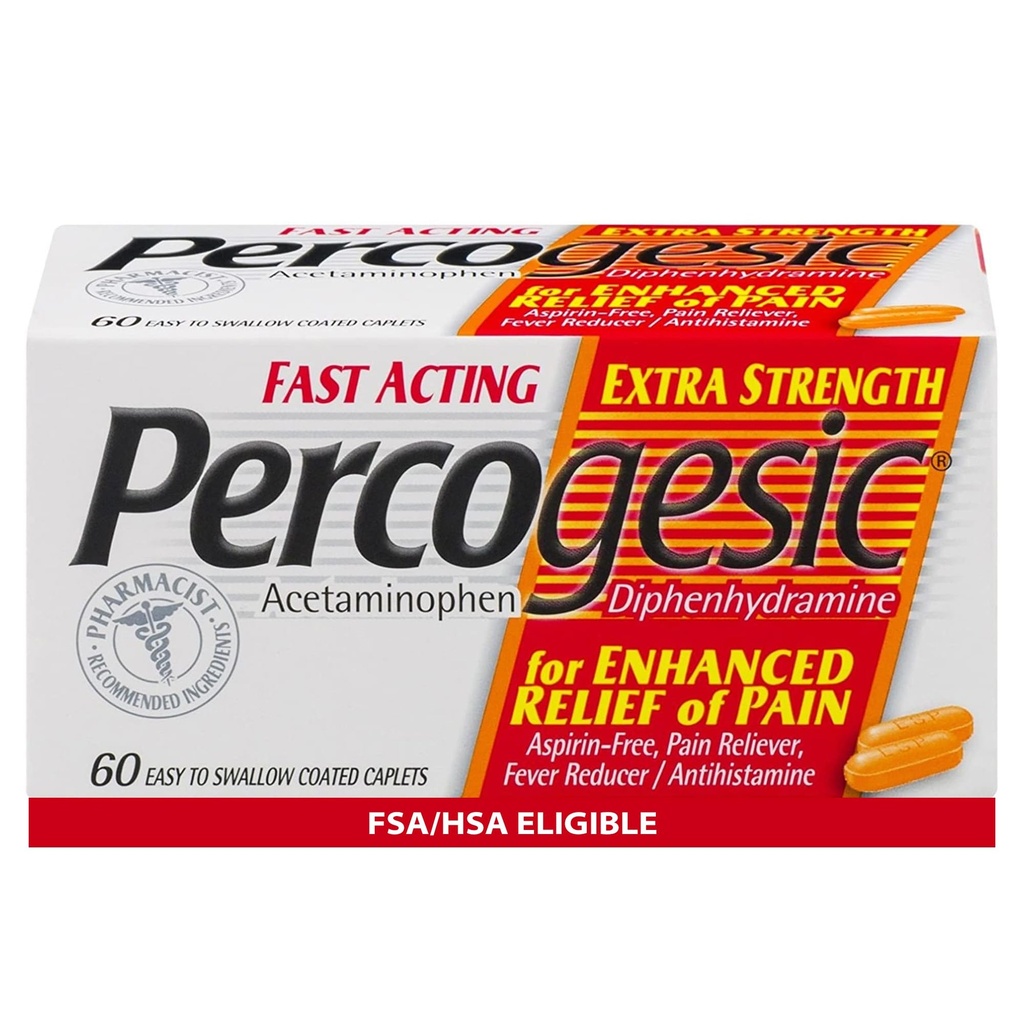 Percogesic Extra Strength Acetaminophen & Diphenhydramine Pain Relief, Fast-Acpirin-Free Fever Reducer & Antihistamine, 60 Count