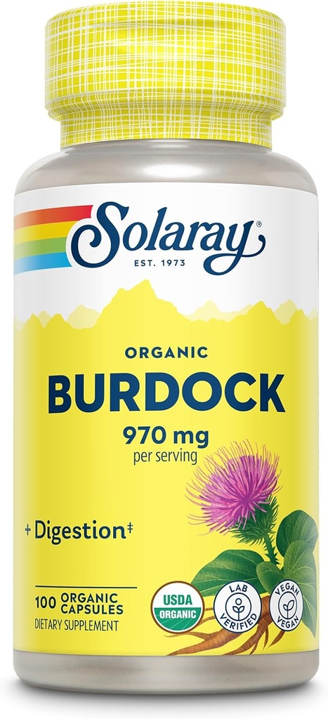Solaray Organic Burdock Root 970 mg - Συμπλήρωμα Υποστήριξης Επιπέδου - USDA Burdock Root Organic - Vegan, Lab Επαληθευμένο, 60-Day Εγγύηση Επιστροφής Χρημάτων - 50 Υπηρεσίες, 100 Βιολογικές Κάψουλες