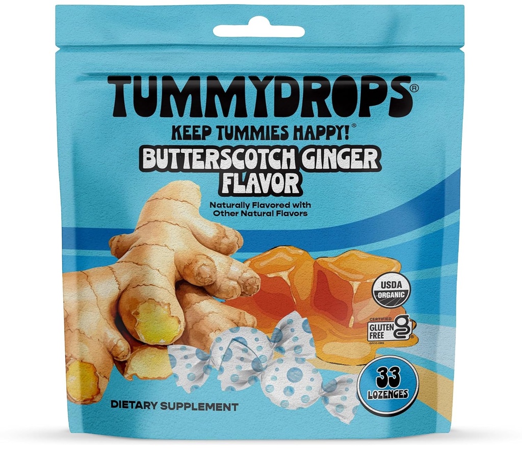 USDA Organic Butterscotch Ginger Flavor Tummydrops, Gluten Free & Vegan, 33 Organic Ginger Lozenges