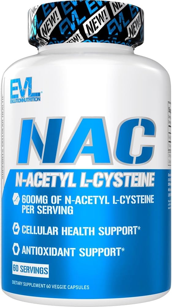 Evlution Nutrition NAC N-Acetyl L-Cysteine - 600mg N-Acetyl L-Cysteine Per Serving - Αντιοξειδωτική υποστήριξη - Υποστήριξη υγείας - Συμπλήρωμα διατροφής - Vegan & Gluten Free - 60 κάψουλες λαχανικών - 60 υπηρεσίες