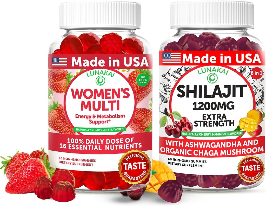 Lunakai USA Made Womens Multivitamin & Shilajit Gummies Bundle – Ενέργεια, ανοσοποίηση και ζωτικότητα Υποστήριξη – Φυσικά αρωματισμένα – 60 μη-GMO Gummies Καθένα