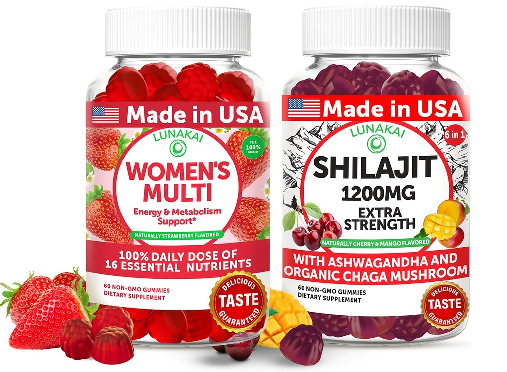 Lunakai USA Made Womens Multivitamin & Shilajit Gummies Bundle – Ενέργεια, ανοσοποίηση και ζωτικότητα Υποστήριξη – Φυσικά αρωματισμένα – 60 μη-GMO Gummies Καθένα