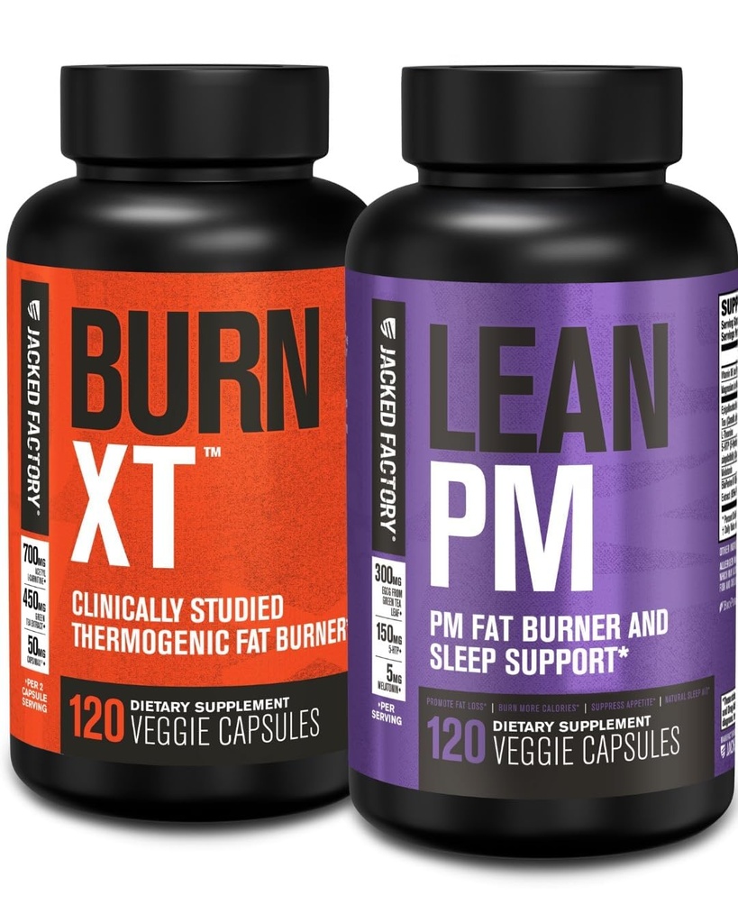 Jacked Factory Burn XT Θερμογόνος καύση λίπους & Lean PM Συμπλήρωμα απώλειας βάρους νύχτα για άνδρες & γυναίκες 120 χάπια διατροφής Veggie