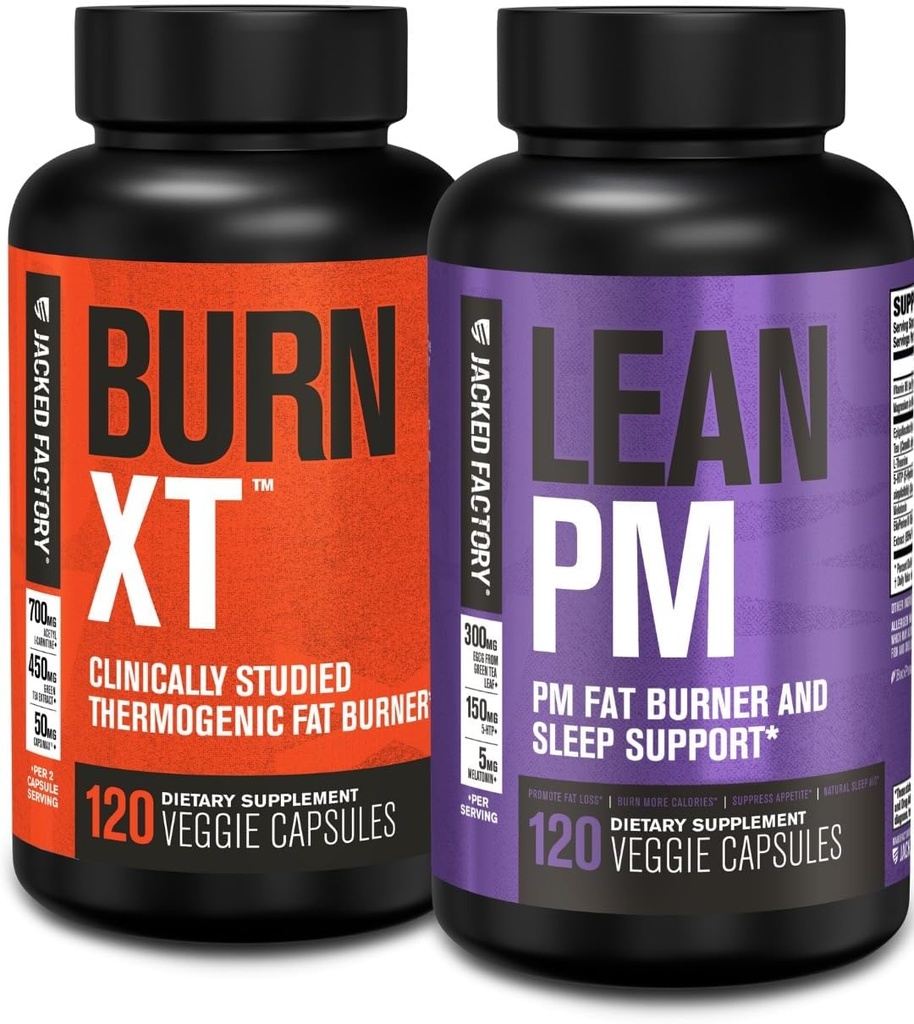 Jacked Factory Burn XT Θερμογόνος καύση λίπους & Lean PM Συμπλήρωμα απώλειας βάρους νύχτα για άνδρες & γυναίκες 120 χάπια διατροφής Veggie