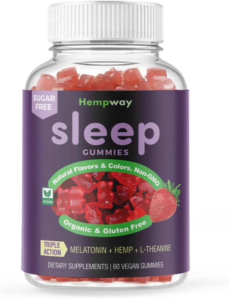 Hemp Gummies for Sleep l theanine Supplement Hemp melatonin Triple Action - Calm Gummies for Adults and melatonin Kids - Sugar Free Strawberry Vegan 60 ct