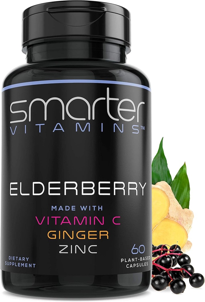 Έξυπνες κάψουλες Elderberry + βιταμίνη C + Ginger & Zinc, συμπλήρωμα βοτάνων, ισχυρό εκχύλισμα μαύρου larder Berry Αντιοξειδωτική βιταμίνη, 60 χάπια Vegan