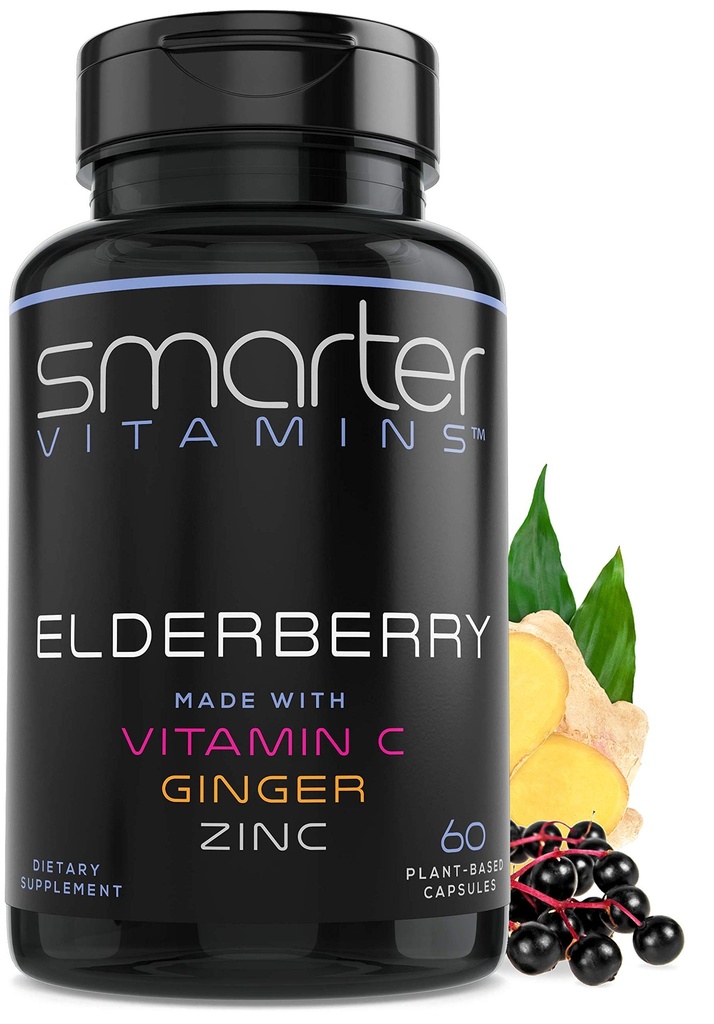 Έξυπνες κάψουλες Elderberry + βιταμίνη C + Ginger & Zinc, συμπλήρωμα βοτάνων, ισχυρό εκχύλισμα μαύρου larder Berry Αντιοξειδωτική βιταμίνη, 60 χάπια Vegan