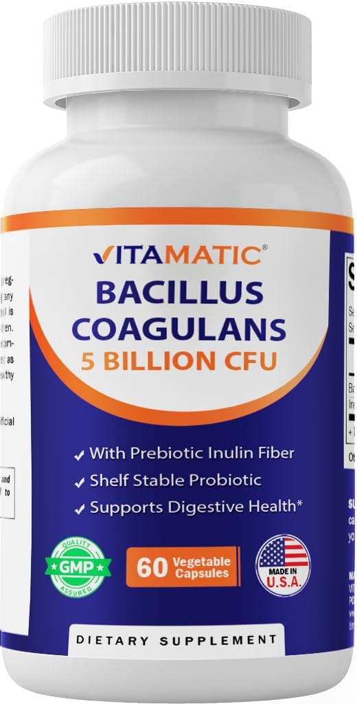 Vitamatic Bacillus Coagulans Ράφι Σταθερό Probiotic συμπλήρωμα - Προώθηση GI Digestive Health - 60 κάψουλες λαχανικών - Επιζεί στομαχικά οξέα