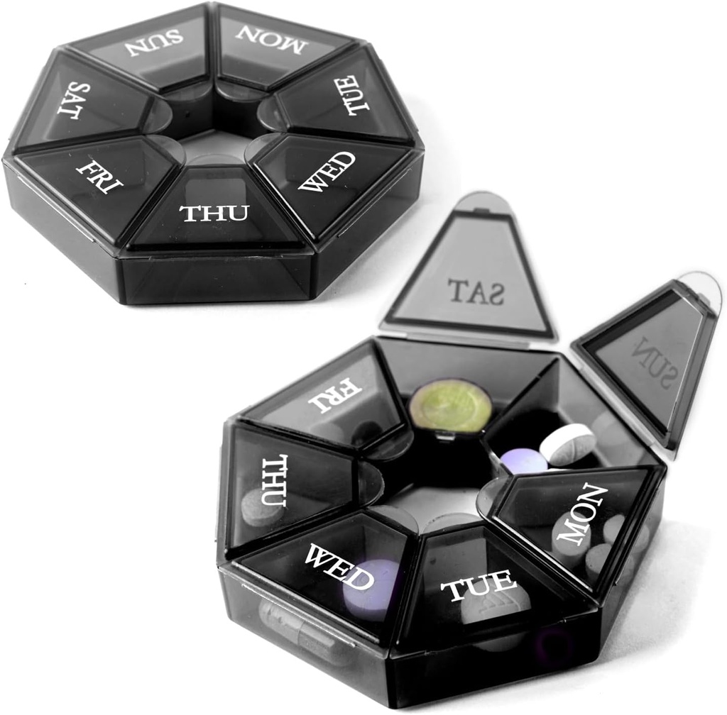 Deke Home - Μικρός διοργανωτής εβδομαδιαίων χαπιών (2 Pack), Διανομέας στρογγυλών χαπιών για ταξίδια, Mini Pill Organizer, Compact Medicine Holder, Pill Sorters 7 Ημέρες, Φορητό δοχείο βιταμίνης, BPA δωρεάν (Βαθμός τροφίμων)