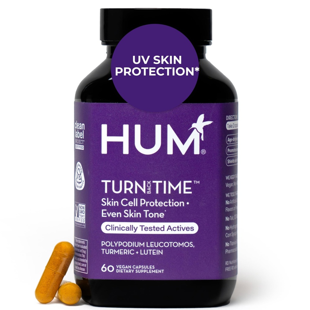 HUM γυρίστε πίσω χρόνο Turmeric συμπλήρωμα για την νεανική εμφάνιση υποστήριξη του δέρματος με εκχύλισμα πράσινου τσαγιού, λουτεΐνη & πολυφαινόλες, φροντίδα του δέρματος γήρανσης & κολλαγόνου Κάψουλες υποστήριξης για ακόμη και τον τόνο, 60 κάψουλες Vegan