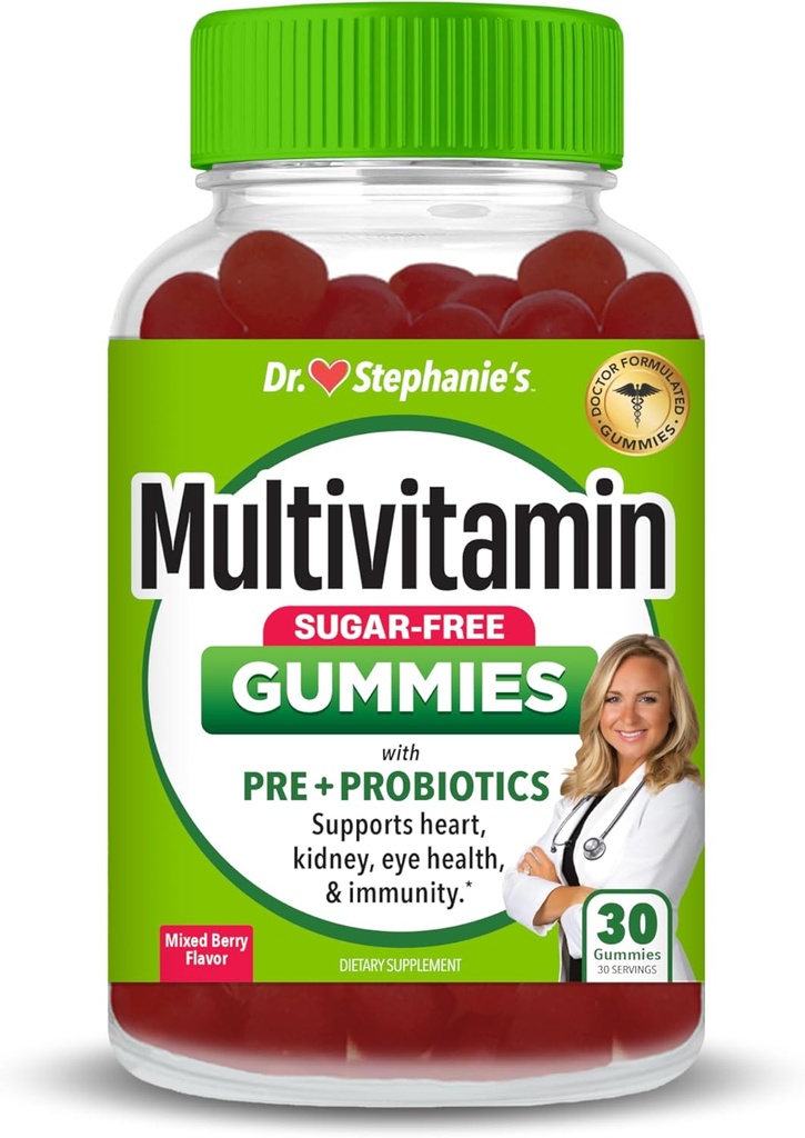 Multivitamin Gummies - Ζάχαρη χωρίς προβιοτικά & προβιοτικά - Καθημερινή Υποστήριξη για τα μάτια, νεφρά, συκώτι, καρδιά, & Digestive Υγεία - Μικτή γεύση μούρου