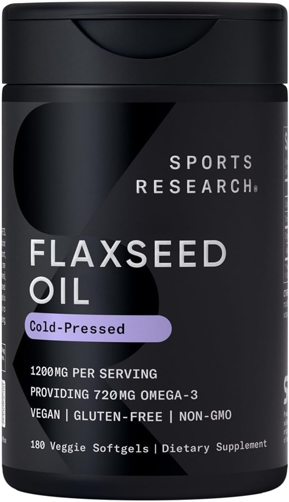 Sports Research Vegan Flaxseed Oil (1200mg) Βότανο συμπλήρωμα με φυτικής βάσης ALA Omega 3 - Vegan Certified & Non-GMO Επαληθευμένο - Γλουτένη, Χωρίς σόγια & Καραγενάνη (180 Veggie Softgels)