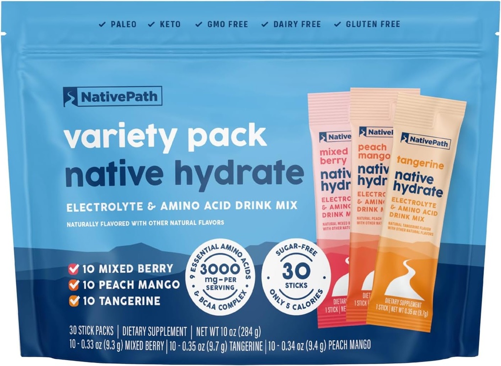 NativePath Native Hydrate Stick συσκευασίες με ηλεκτρολύτες και Αμινοξέα, Variety Pack, Μικτό μούρο, Ροδάκινο Mango, Tangerine, 30 εξυπηρετούν