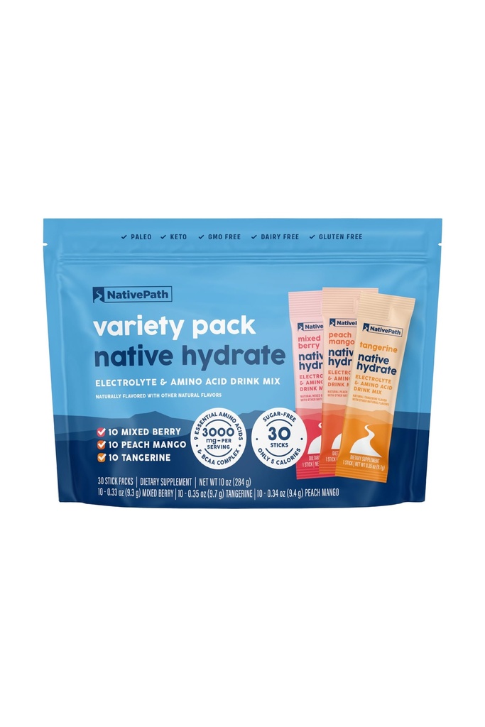 NativePath Native Hydrate Stick συσκευασίες με ηλεκτρολύτες και Αμινοξέα, Variety Pack, Μικτό μούρο, Ροδάκινο Mango, Tangerine, 30 εξυπηρετούν