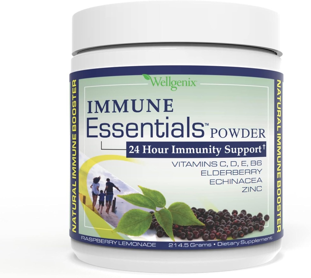 Wellgenix Immune Essentials - Multivitamin Powder for Men, Women & Kids - Vegan Supplement with Vitamins C, D Elderberry Zinc, Echinacea for Toddler, Kid & Adult - 7,57g (Λεμονάδα Raspberry)