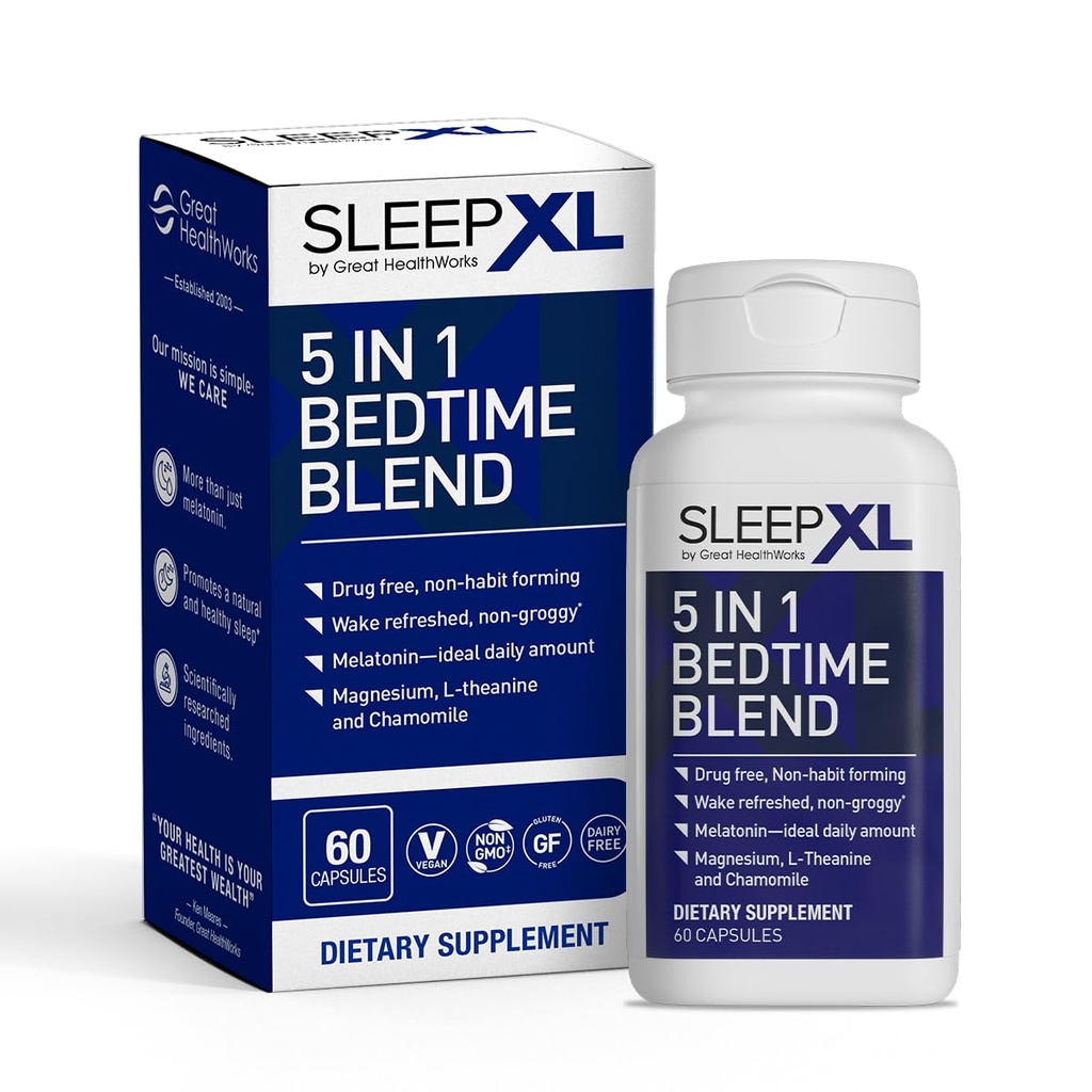 SleepXL Sleep Supplement Non-Habit-Forming Formula - Fall Asleep Γρηγορότερα & Sleep Longer - 5 συστατικά κλειδιά περιλαμβάνουν μελατονίνη, L-Θεανίνη, Χαμομήλι, Μαγνήσιο & Βιταμίνη B6 (60 κάψουλες, 30 εξυπηρετούν)