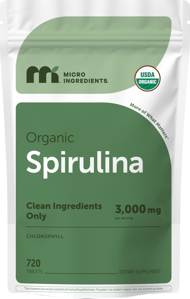 Micro Ingredients Organic Spirulina Supplement, 720 Tablets (4 Month Supply), No Filler & Non-GMO, Rich in Vegan Protein, Vitamins & Prebiotics, Premium Spirulina Pills