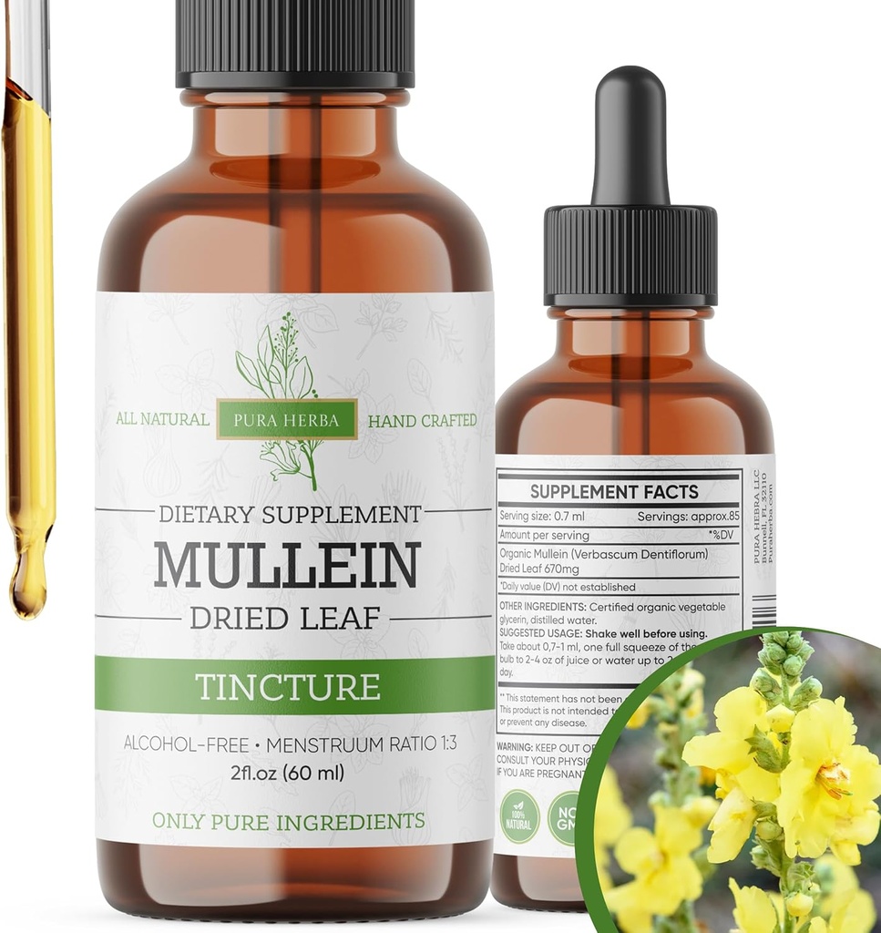 Βάμμα Mullein – Βιολογικές σταγόνες Mullein για την υποστήριξη του πνεύμονα και την αναπνευστική ευεξία – Made in The USA – 2 Fl Oz