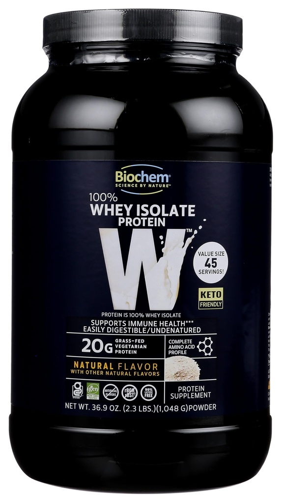 Biochem 100% Whey Isolate Protein - Natural Flavor - 20g πρωτεΐνης - Pre & Post προπόνηση - Αντικατάσταση γεύματος - Keto-Friendly - Εύκολα Digestible - Silky Smooth Taste - Εύκολο στο μείγμα (36,9 oz)