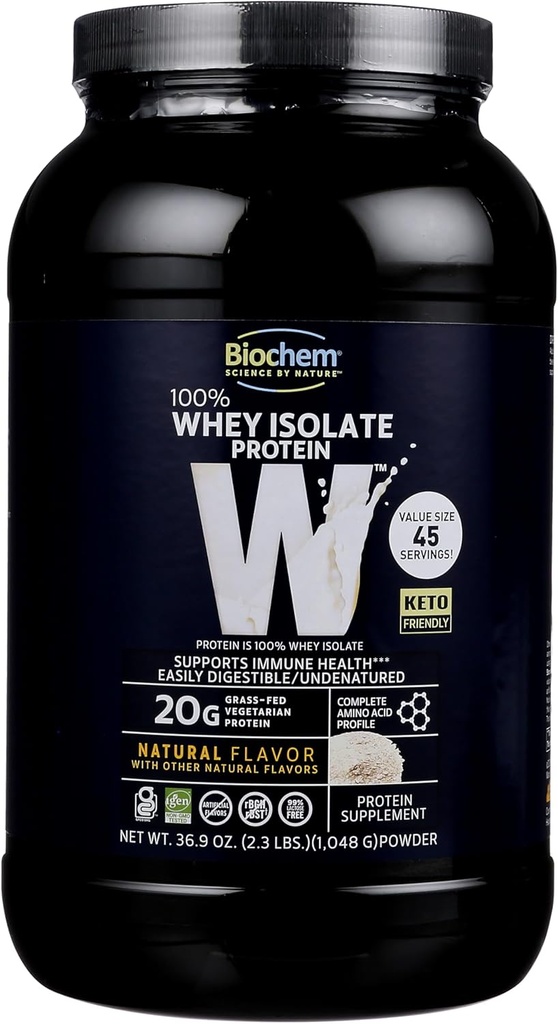Biochem 100% Whey Isolate Protein - Natural Flavor - 20g πρωτεΐνης - Pre & Post προπόνηση - Αντικατάσταση γεύματος - Keto-Friendly - Εύκολα Digestible - Silky Smooth Taste - Εύκολο στο μείγμα (36,9 oz)