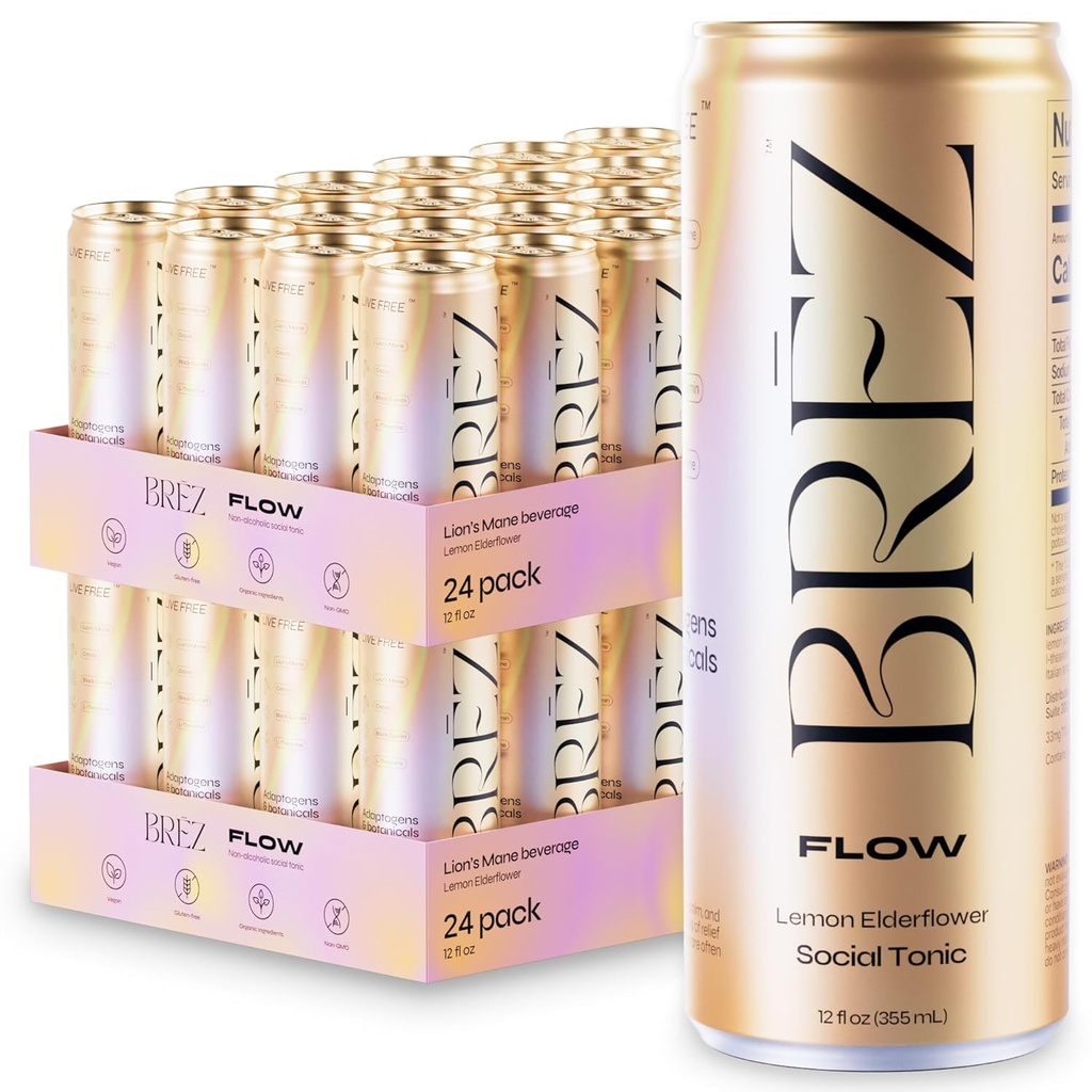 BREZ FLOW Lion’s Mane Mushroom Drink, 48-Pack, Non-Infused, Adaptogens, Relieving, Uplifting, and Social, Sparkling Lemon Elderflower Tonic 12 Fl oz