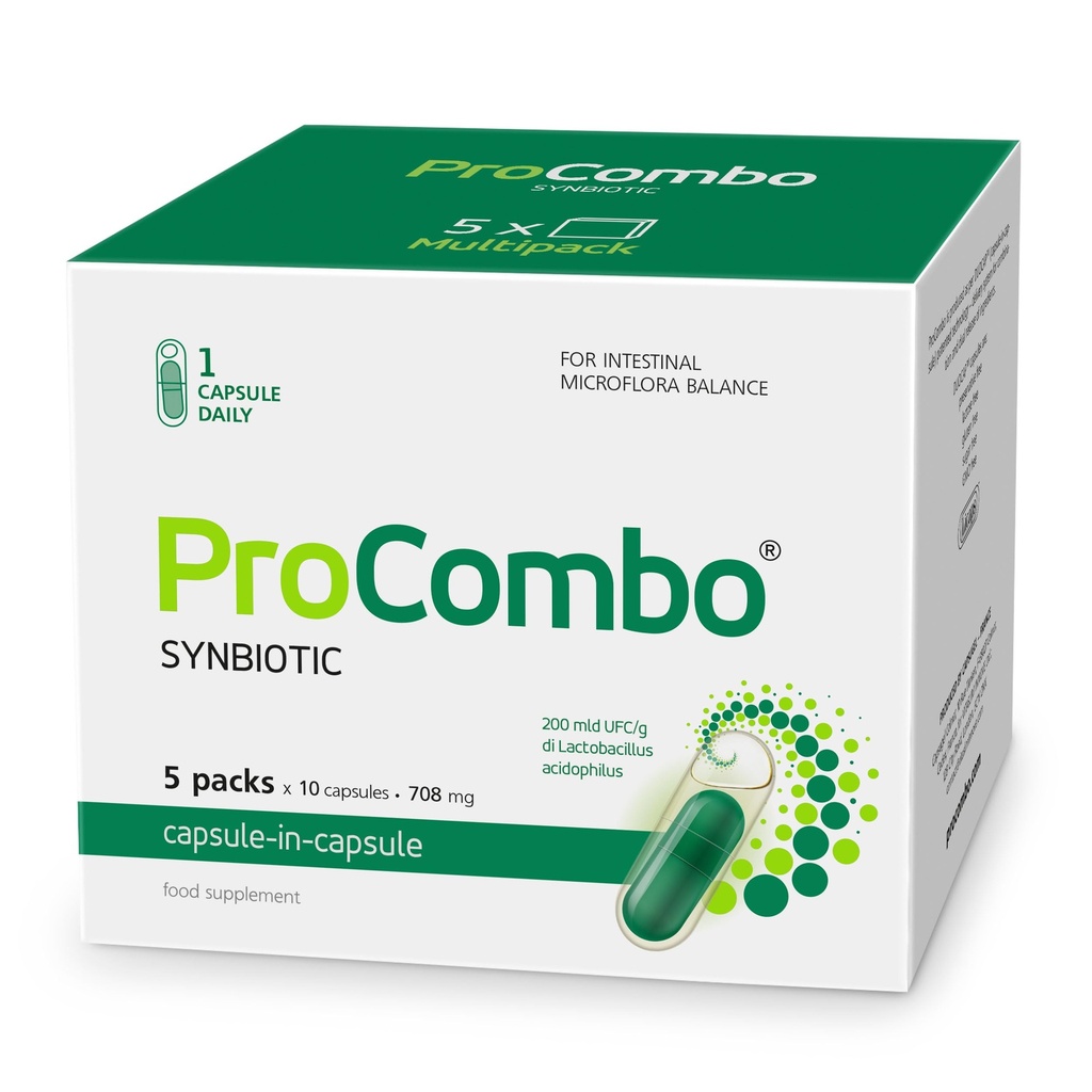 ProCombo - The Smart synbiotic with targeted delivery of The Good Bacteria. Double Capsule and Liquid Formula for Fast Results. 1 Capsule per Day (Pack of 5)