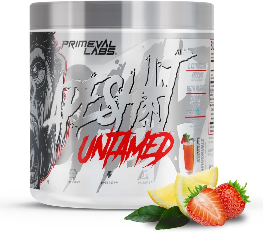 Primeval Labs Ape Untamed Pre Workout Energy Drink Powder, 40Servings Λεμονάδα φράουλας, Max Support for Pumps & Focus, Αυξημένη απόδοση, παραγωγή νιτρικού οξειδίου με L-Citrulline, Beta Alanine