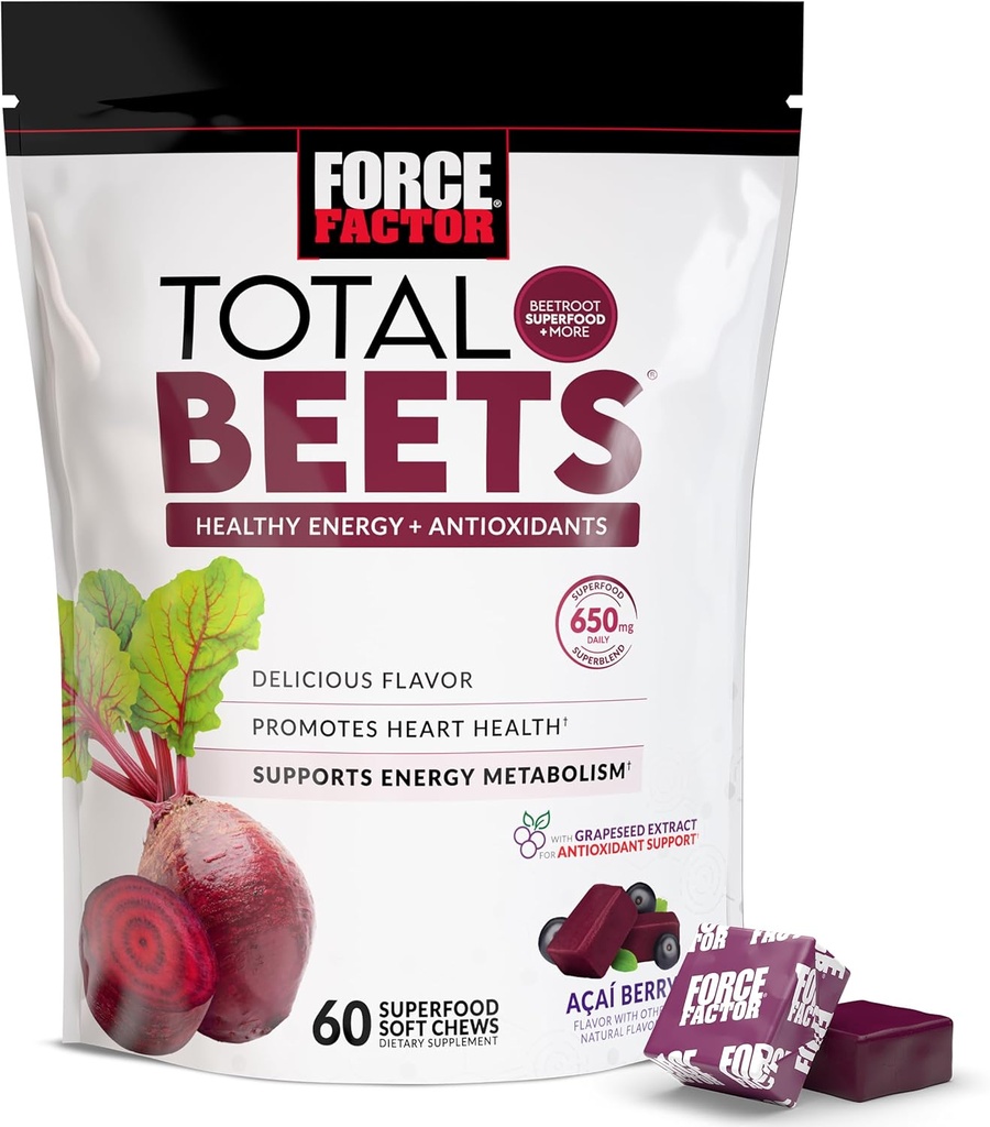 Force Factor Total Beets Μαλακά μάσημα με Beetroot, Νιτρικά, L-Citrulline, εκχύλισμα γκρέιπ-σπέρματος, και αντιοξειδωτικά, Healthy Energy Supplement with Elite Ingredients, Heart Health Superfood, 60 Chews