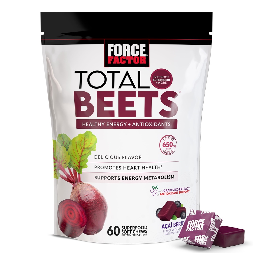 Force Factor Total Beets Μαλακά μάσημα με Beetroot, Νιτρικά, L-Citrulline, εκχύλισμα γκρέιπ-σπέρματος, και αντιοξειδωτικά, Healthy Energy Supplement with Elite Ingredients, Heart Health Superfood, 60 Chews
