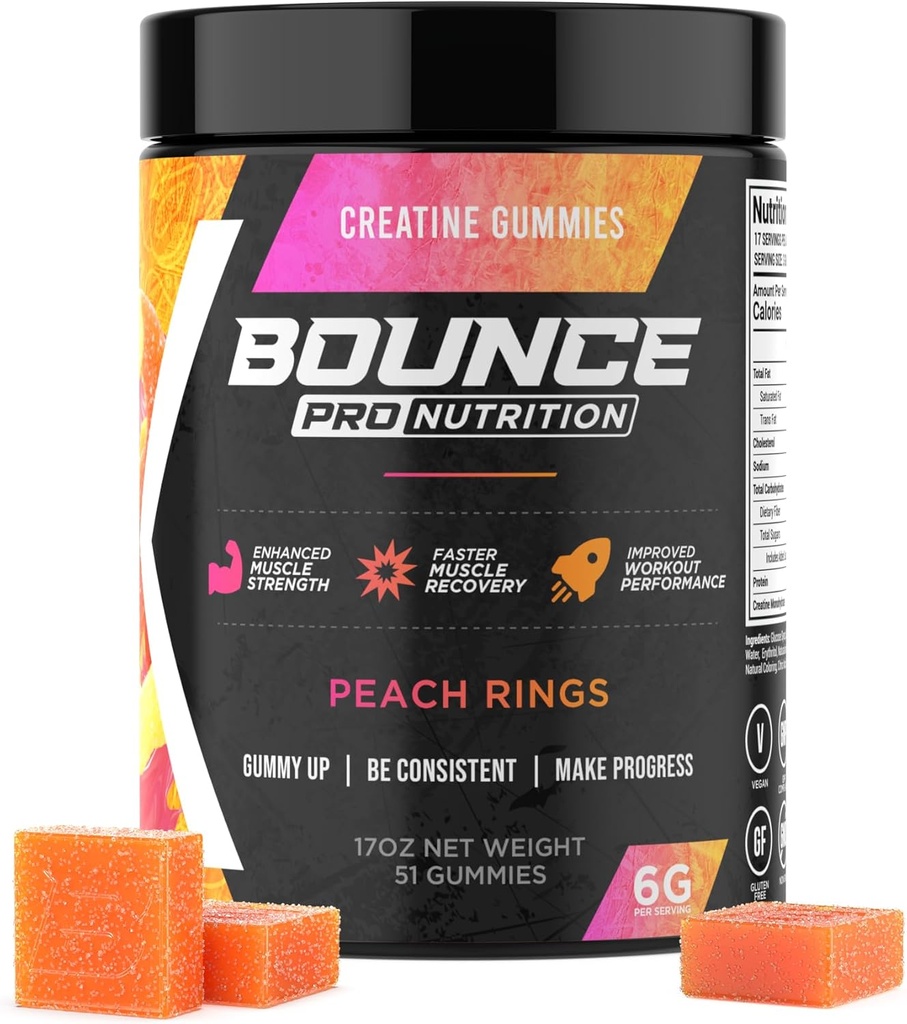 Bounce Pro Creatine Μονοϋδρικά Gummies για άνδρες & γυναίκες, χαμηλή θερμίδα, 6G Createine ανά υπηρεσία, Vegan, Anti-Melting, Gluten-free, μη-GMO, 2g Creatine ανά Gummy (51ct, Ροδάκινα δαχτυλίδια)