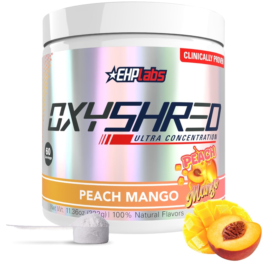 EHP Labs OxyShred Pre Workout Powder - Preworkout Powder with L Glutamine & Acetyl L Carnitine, Energy Boost Drink - Ροδάκινο Mango, 60 εξυπηρετούν