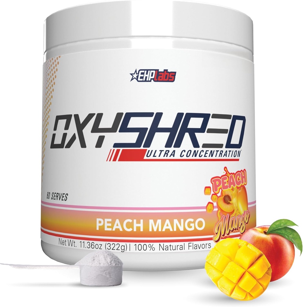EHP Labs OxyShred Pre Workout Powder - Preworkout Powder with L Glutamine & Acetyl L Carnitine, Energy Boost Drink - Ροδάκινο Mango, 60 εξυπηρετούν