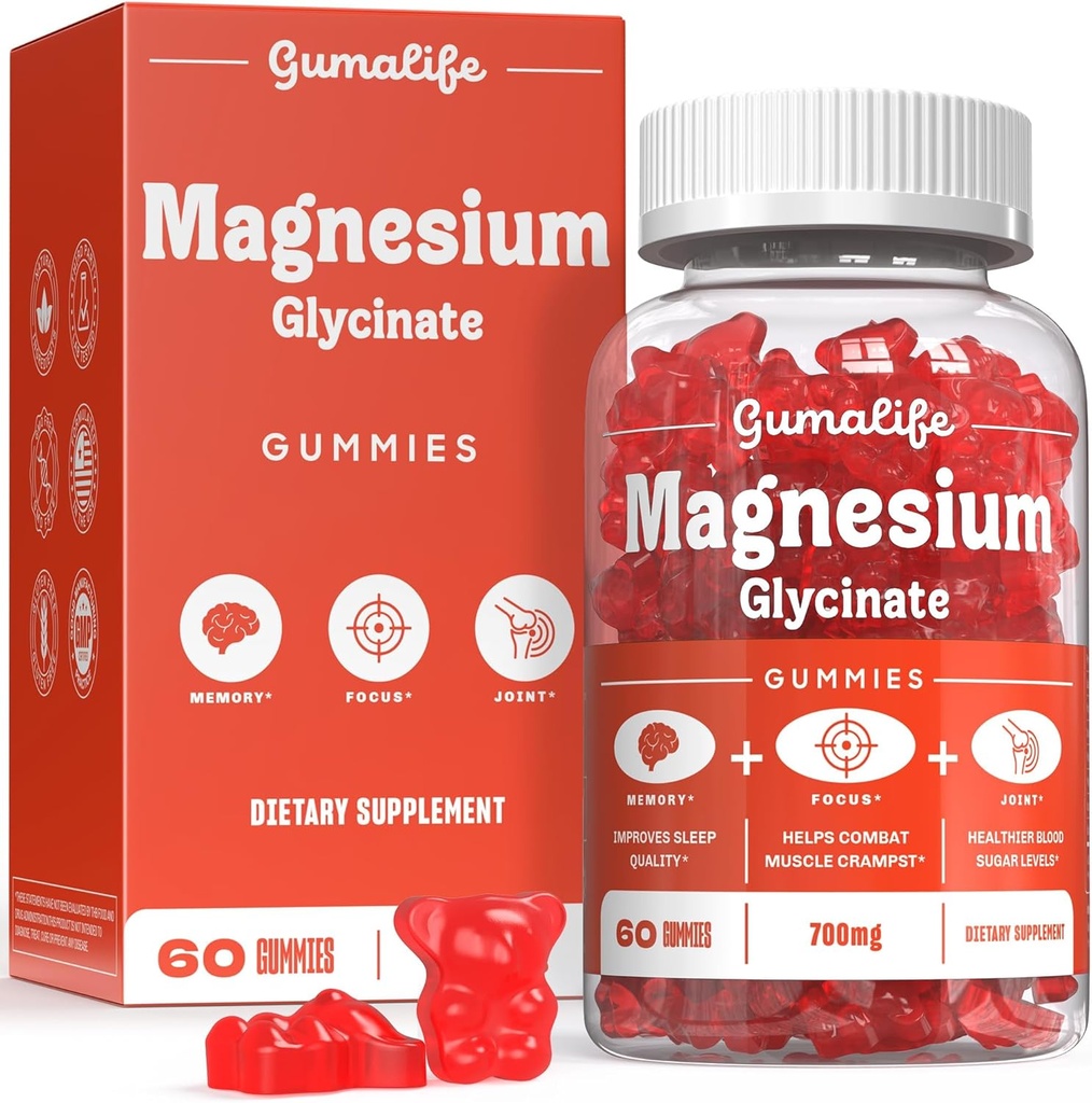 Τα 700mg Glycinate Gummies Μαγνήσιο Gummalife Enhance Relaxation, προσφέρουν ένα μείγμα Ωφέλιμων Θρεπτικών. Κάθε κουτί περιέχει 60 κόμητες (60 κόμητες, βατόμουρο)