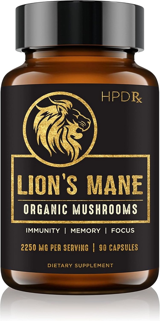 HPD Rx Lion’s Mane Mushroom Extract Capsules Natural Nootropic, Supports Memory & Focus, Immunity Booster - Potent Mushroom Supplement | 2250 mg, 90 Capsules, Pack of 1