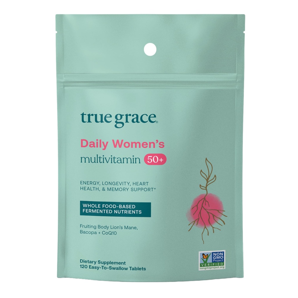 True Grace Daily Women’s Multivitamin 50+ - 120 Easy-to-Swallow Tablets - Ανοσοποιητική, Ενέργεια, Μακροζωία & Μνήμη Υποστήριξη - Vegan - Γλουτένη, Σόγια & Σιδήρου Δωρεάν - 60 Σερβιέτες