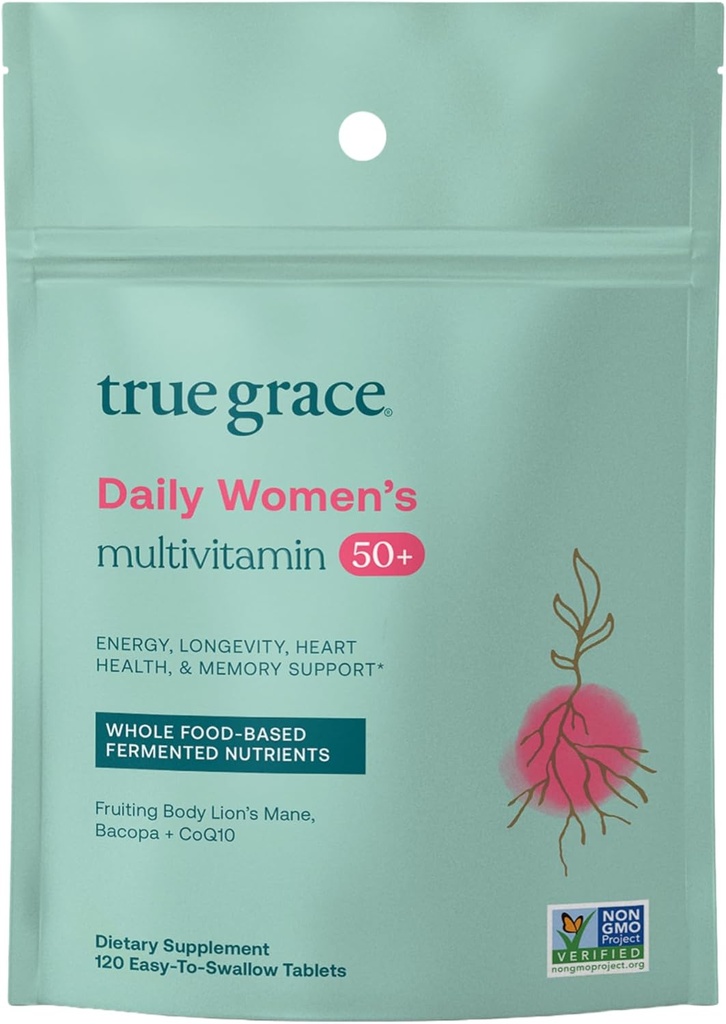 True Grace Daily Women’s Multivitamin 50+ - 120 Easy-to-Swallow Tablets - Ανοσοποιητική, Ενέργεια, Μακροζωία & Μνήμη Υποστήριξη - Vegan - Γλουτένη, Σόγια & Σιδήρου Δωρεάν - 60 Σερβιέτες
