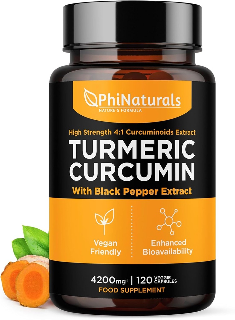 PhiNaturates Turmeric Curcumin συμπλήρωμα με εκχύλισμα μαύρου πιπεριού - 4200 mg ολόκληρη ρίζα Curcuma ισοδύναμο ανά 3 κάψουλες που εξυπηρετούν - Tumeric χάπια