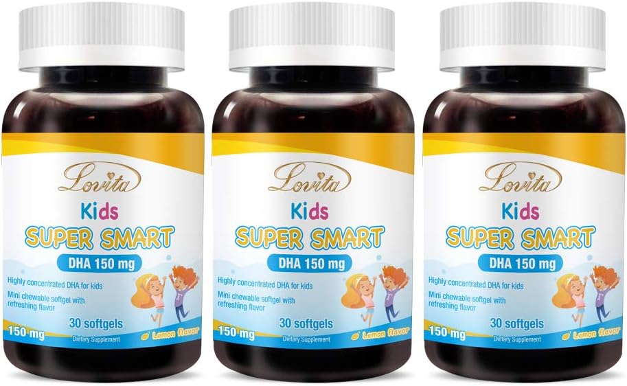 Lovita Kids Super Smart DHA, 150mg DHA και 30mg EPA Ωμέγα 3 λιπαρά οξέα, υποστηρίζει την υγεία του εγκεφάλου, φυσικό άρωμα λεμόνι, 30 μασώμενα Softgels (πακέτο των 3)