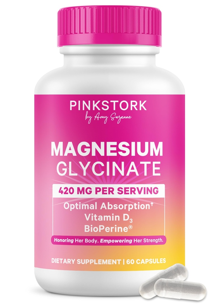 Pink Μαγνήσιο πελαργού Γλυκινικό με βιταμίνη D - Συμπλήρωμα μαγνησίου για τις γυναίκες για την υποστήριξη της φυσικής ηρεμίας, διάθεσης και ύπνου - ισορροπία ορμονών για τις γυναίκες - 60 κάψουλες, 1 μήνα προσφοράς