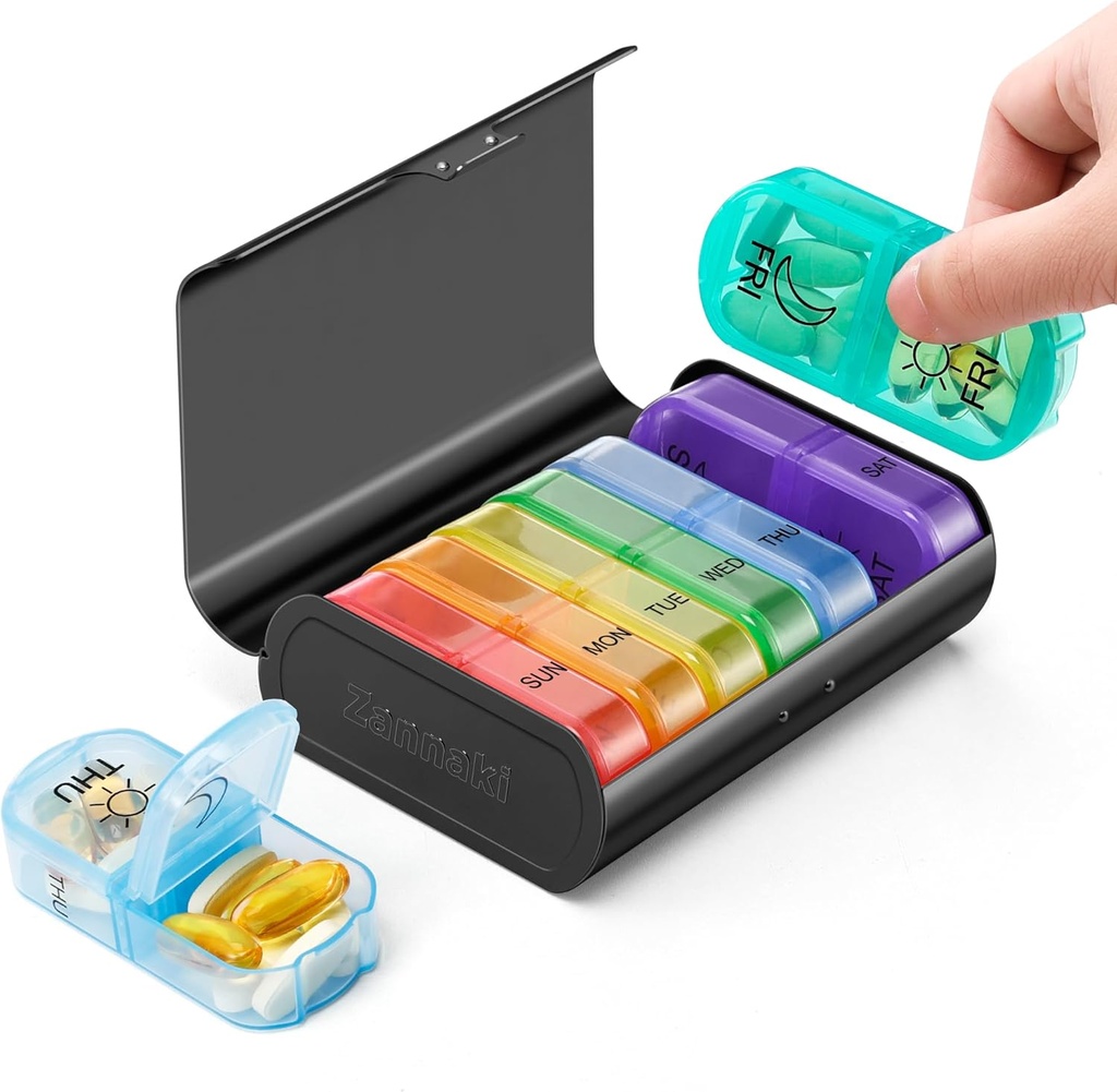 Zannaki Metal XL Weekly Pill Organizer 2 φορές την ημέρα, Μεγάλο Ταξίδι Daily Pill Box 7 Μέρα, Φορητή εβδομάδα Δύο φορές κάτοχος Χάπια Container, AM Pill περίπτωση για ιατρική Βιταμίνη συμπλήρωμα φαρμακευτικής αγωγής, μαύρο