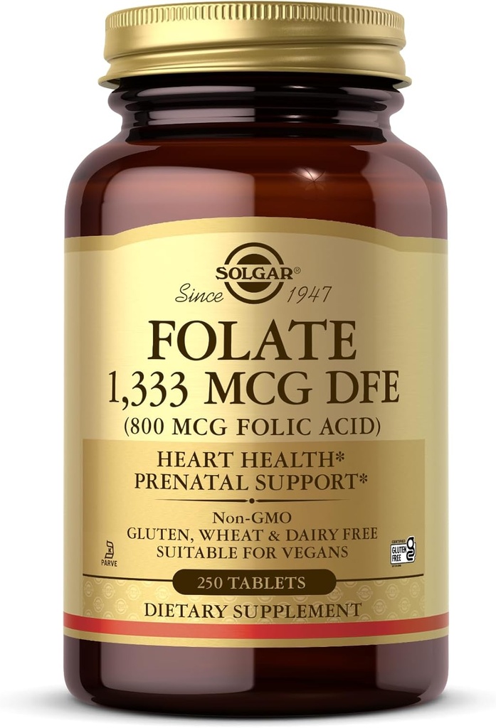 Solgar Folate 1,333 mcg DFE (Folic Acid 800 mcg) - 250 δισκία - Προγεννητική Υποστήριξη - Μη ΓΤΟ, Vegan, Χωρίς γλουτένη, Χωρίς γαλακτοκομικά, Kosher - 250 σερβιρίσματα