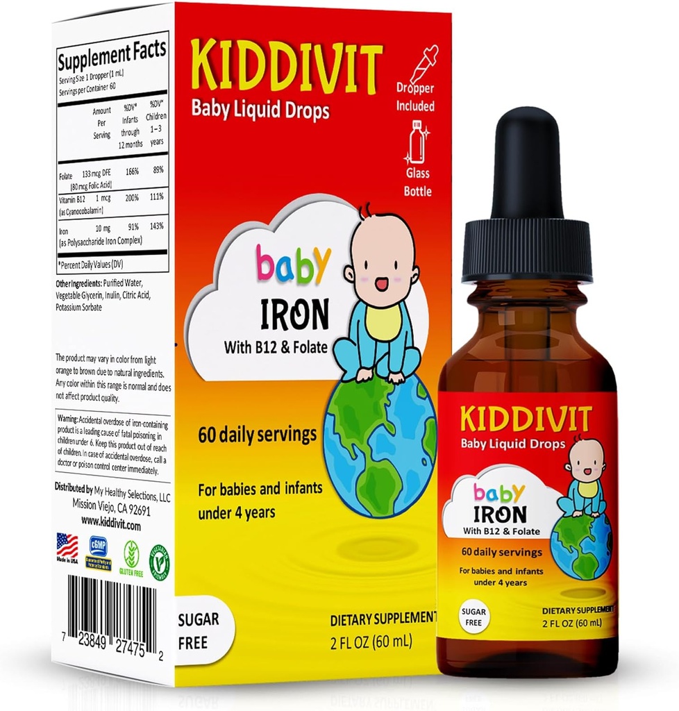 Kiddivit Baby Iron Liquid Drops with Vitamin B12 & Folate – Gentle Iron Support Supplement – 60 Daily Servings, Inulin Fortified Prebiotic Fiber – Χωρίς ζάχαρη, Χωρίς γλουτένη, Χορτοφαγικά, 2oz