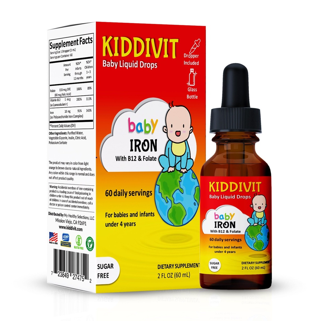 Kiddivit Baby Iron Liquid Drops with Vitamin B12 & Folate – Gentle Iron Support Supplement – 60 Daily Servings, Inulin Fortified Prebiotic Fiber – Χωρίς ζάχαρη, Χωρίς γλουτένη, Χορτοφαγικά, 2oz